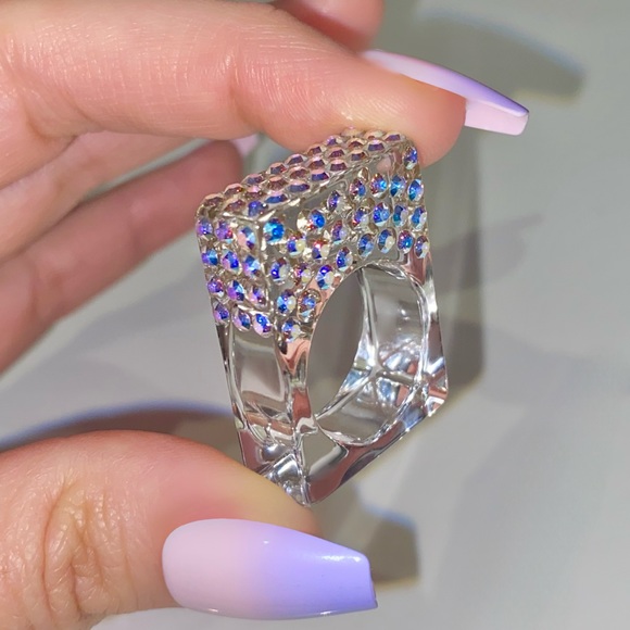 Acrylic Statement Ring• Iridescent Aurora Swarovski Crystals • Geometric Ring - Picture 10 of 15